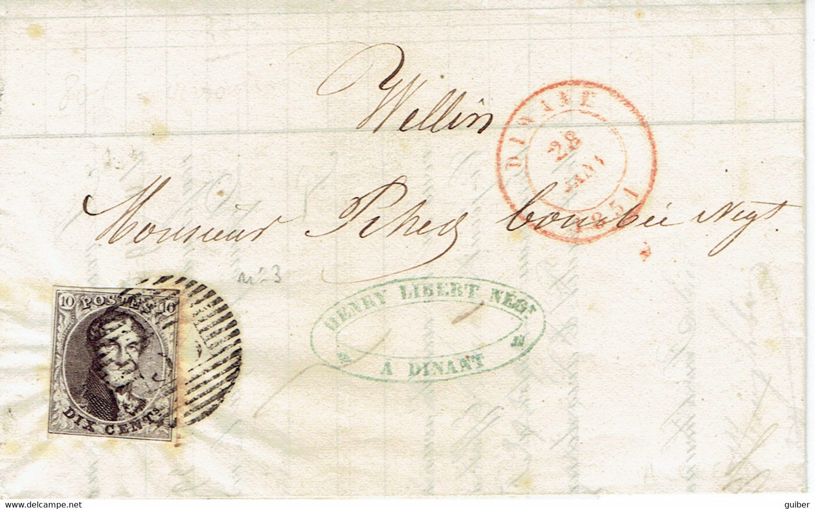 LAC De Bruxelles Vers Wellin Du 28 Janvier 1851 N°3 Brun 10c  Dinant En Rouge  Wellin Au Verso - 1851-1857 Medaillons (6/8)