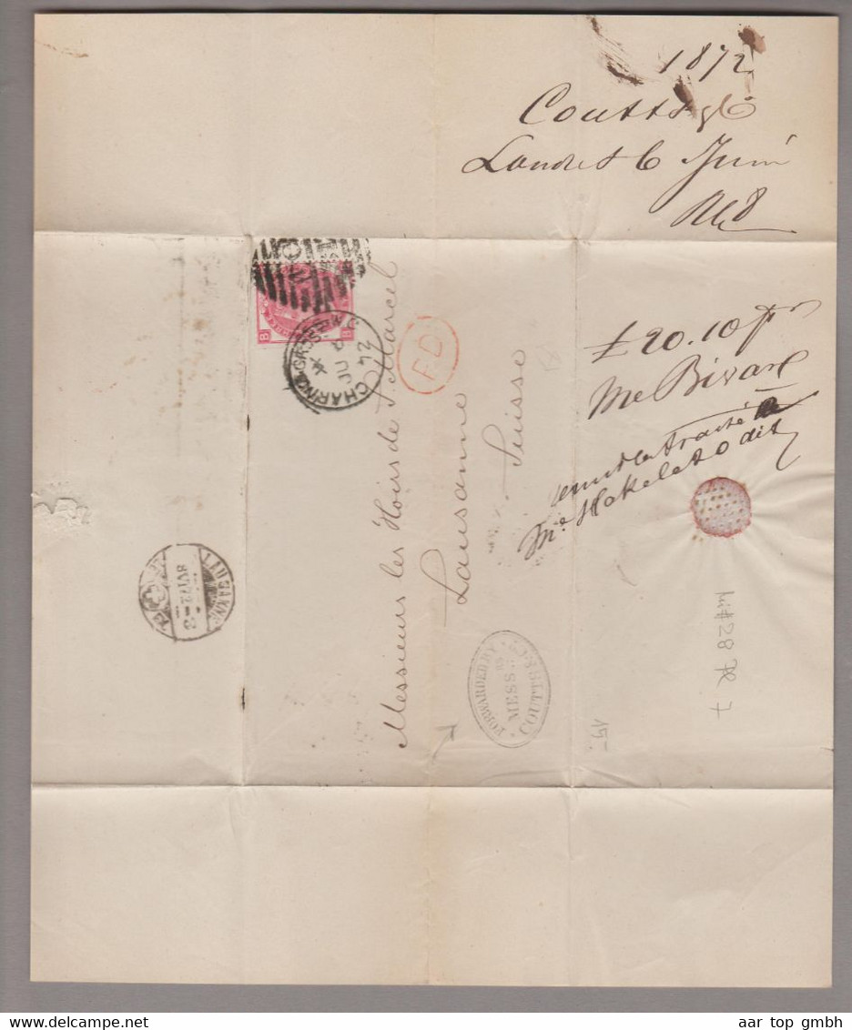 Grossbritannien 1872-06-06 Charing Cross Brief Nach Lausanne Mit 2 1/2 P. Mi#28 Pl7 - Storia Postale