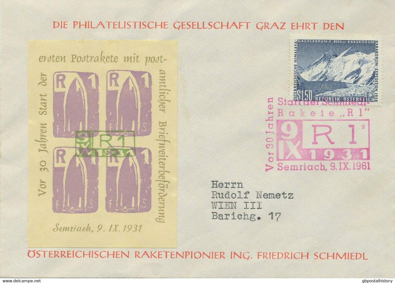 ÖSTERREICH RAKETENPOST 1961 Brief M. Sog. Schmiedl-Raketenblock (Kat 41) Nur 600 Stück - Andere & Zonder Classificatie