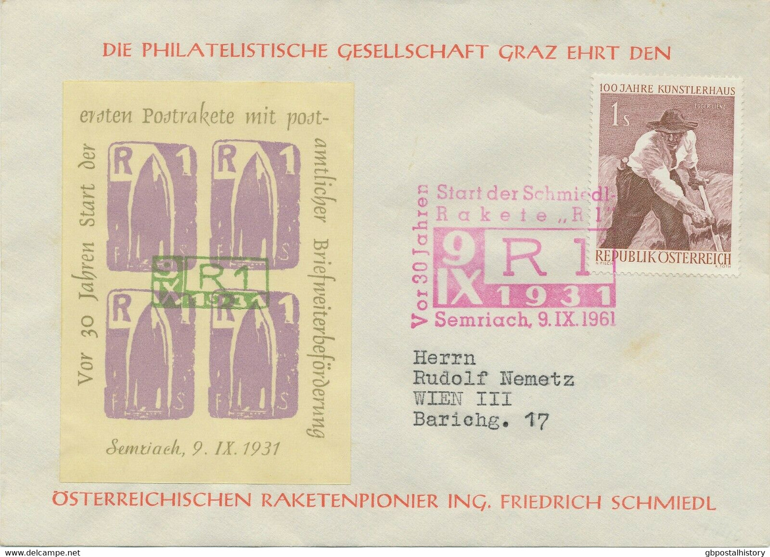ÖSTERREICH RAKETENPOST 1961 Brief M. Sog. Schmiedl-Raketenblock (Kat 41) Nur 600 Stück - Autres & Non Classés