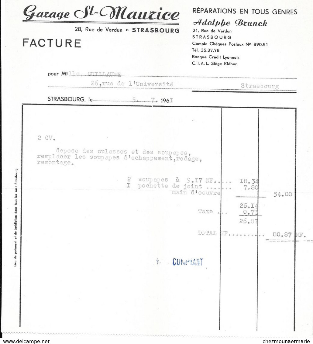 1961 STRASBOURG - GARAGE ST MAURICE RUE DE VERDUN - REPARATIONS EN TOUS GENRES - ADOLPHE BRUNCK - KFZ