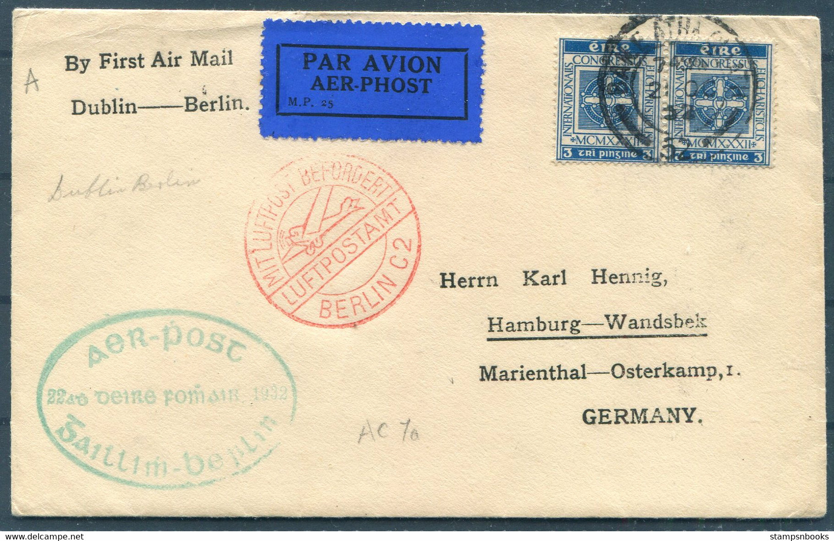1932 Ireland Dublin - Berlin Germany First Flight Airmail Cover - Storia Postale