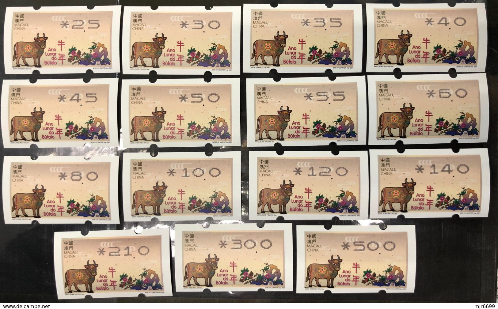 MACAU 2021 ZODIAC YEAR OF THE OX/COW ATM LABELS NEW VISION SET OF 15 VALUES - Distributors