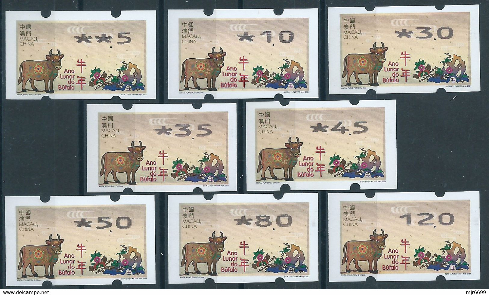 MACAU 2021 ZODIAC YEAR OF THE OX/COW ATM LABELS NAGLER SET OF 8 VALUES - Automaten