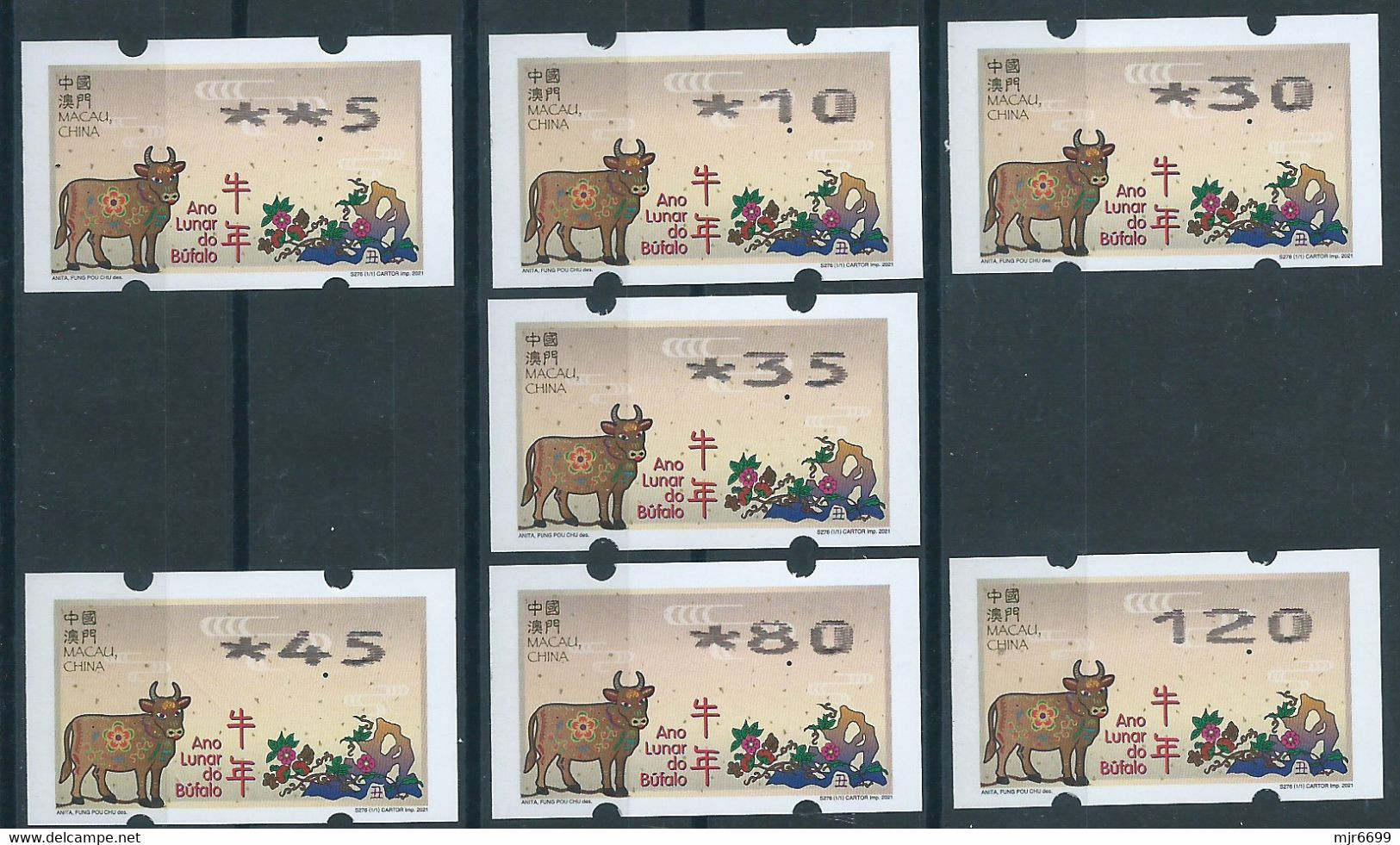 MACAU 2021 ZODIAC YEAR OF THE OX/COW PRINTING ERROR ATM LABELS NAGLER SET OF 7 VALUES - Automaten