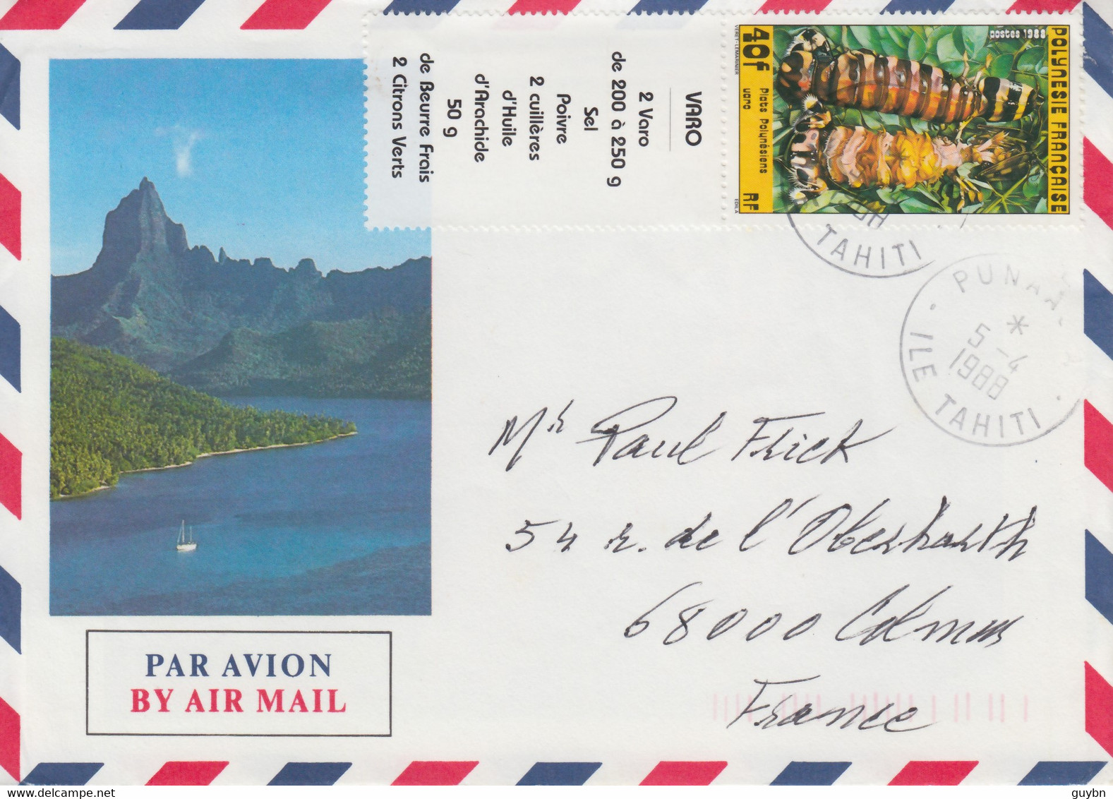 < Tahiti Polynésie 295 A .. Var0 + Vignette Sur Enveloppe Décorée Danseuses .. Par Avion 5 4 88 ... Superbe - Briefe U. Dokumente