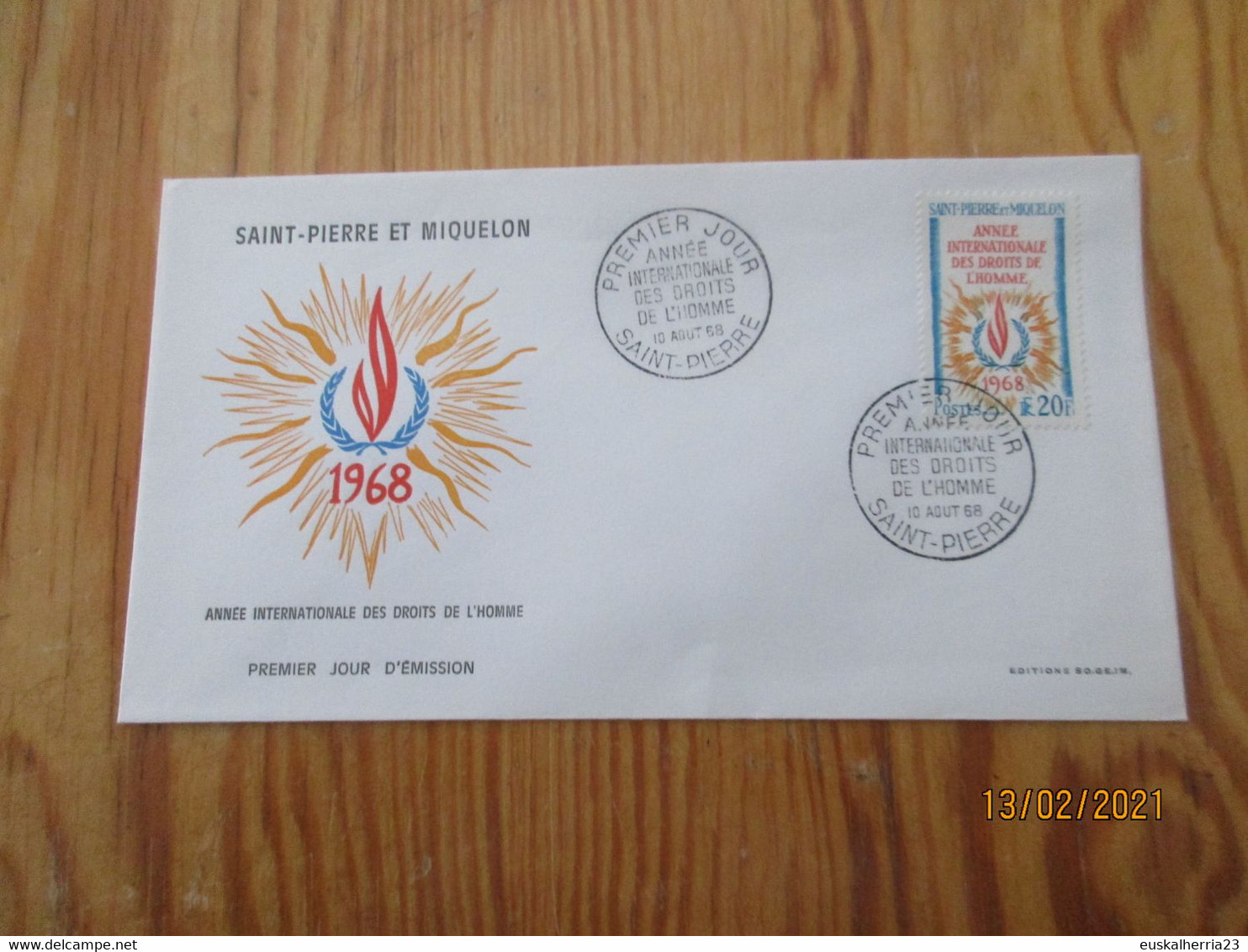 Enveloppe 1er Jour Saint-Pierre Et Miquelon Année Internationale Des Droit De L'homme 1968 - FDC