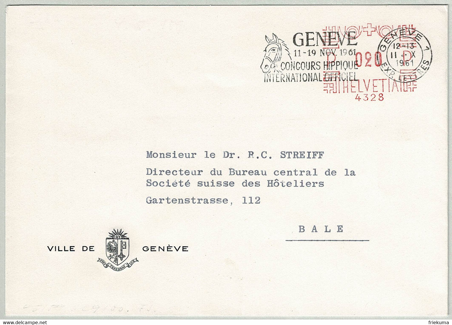 Schweiz / Helvetia 1961, Brief Genève - Basel, Freistempel, Concours Hippique - Horses