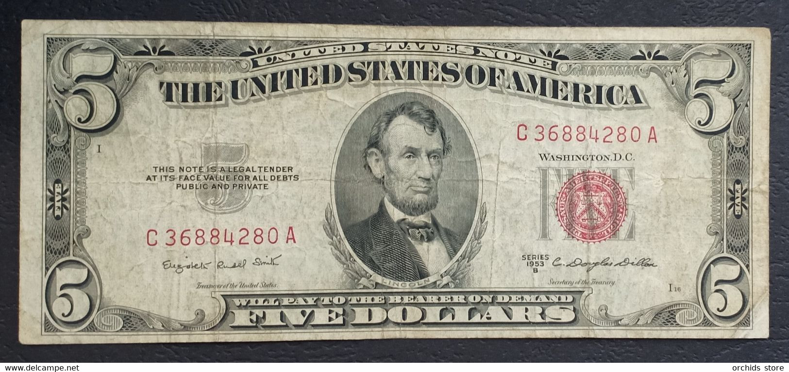PB0211 - USA SERIES 1953B Banknote 5 Dollars Red Seal Certificate Serial #C 36884280A - Billetes De Estados Unidos (1928-1953)
