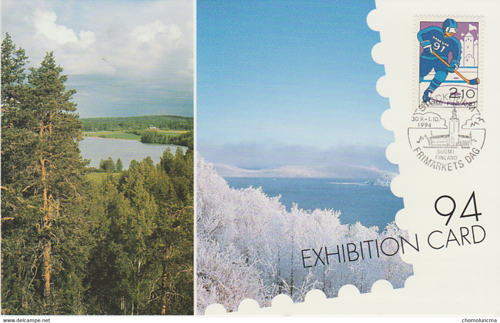 FINLAND  POST CARD FINLANDIA 95 WORLD EXHIBITION ICE HOCKEY STAMP + STOCKHOLM CITY HALL CANCELLED - Lettres & Documents