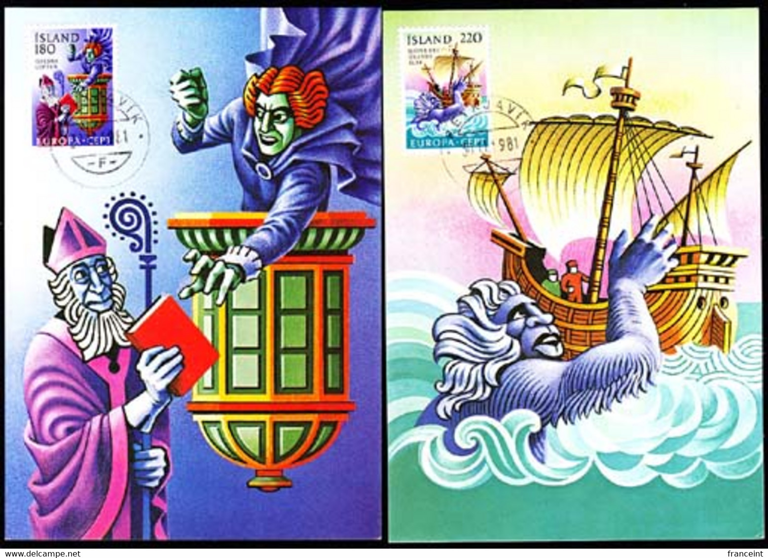ICELAND (1981) Luftur The Sorcerer. Sea Witch. Set Of 2 Maximum Cards. Scott Nos 541-2, Yvert Nos 518-9 - Maximumkaarten