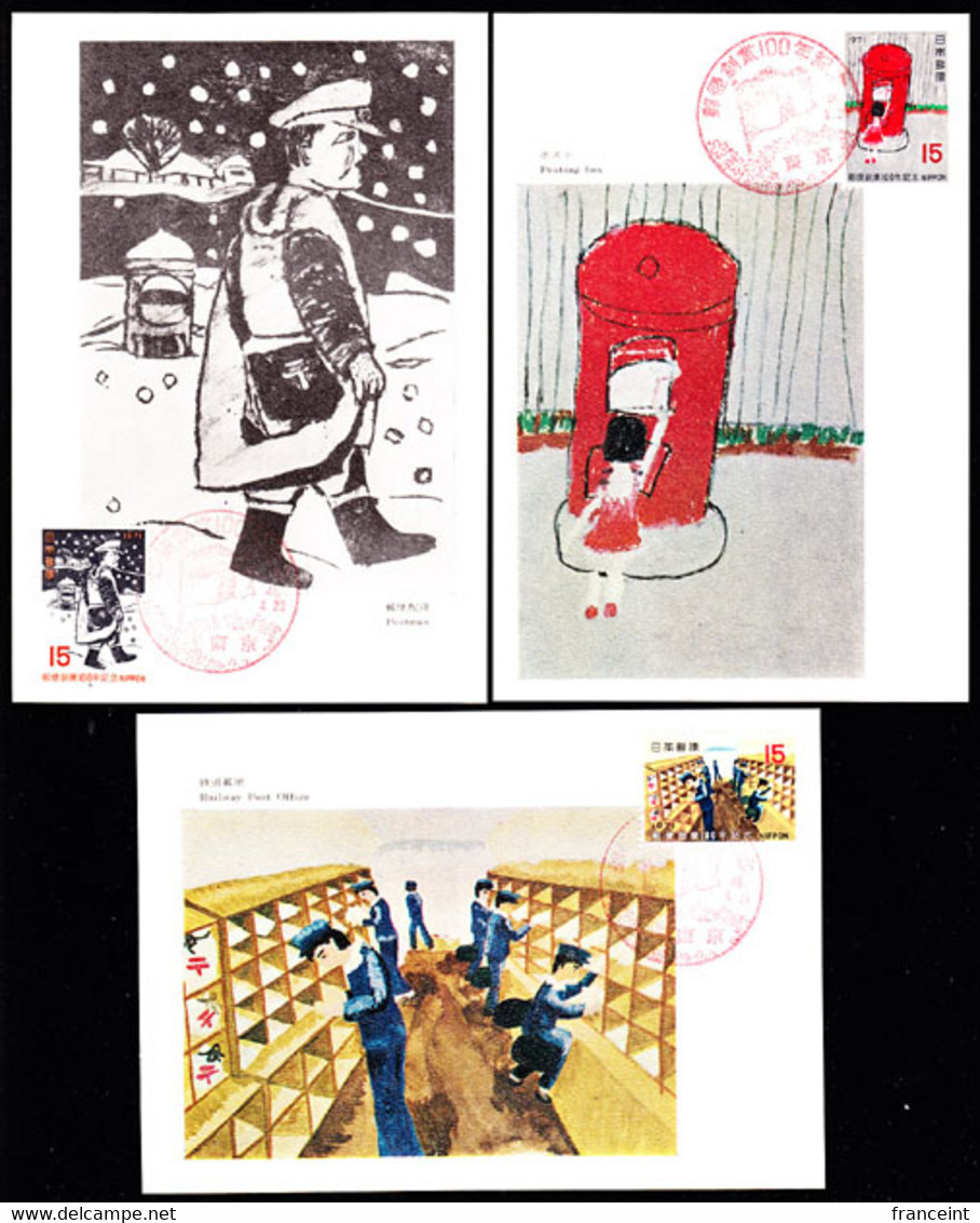 JAPAN (1971) Japanese Stamp Centenary. Set Of 3 Maximum Cards With First Day Cancel. Scott Nos 1057-9, Yvert Nos 1005-7/ - Maximumkaarten
