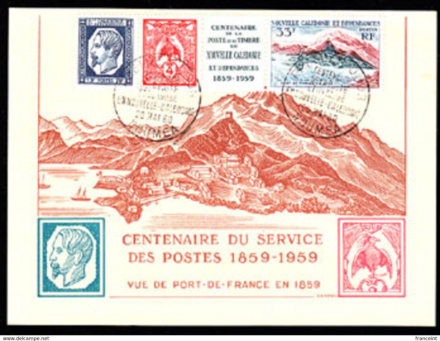NEW CALEDONIA (1960) New Caledonia Stamp Centenary. Maximum Card With First Day Cancel. Scott No 317a, Yvert No BF2. - Cartes-maximum