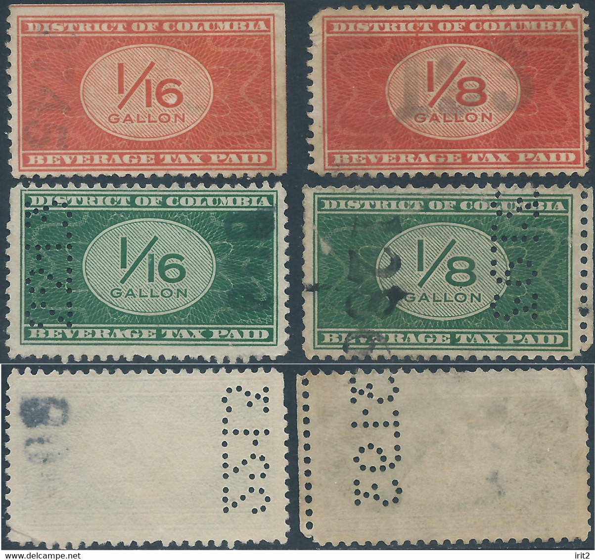 United States,U.S.A,Revenue Stamps DISTRICT OF COLUMBIA BEVERAGE TAX PAID 1/8 & 1/16 GALLON,Perf & Imperf & Perfin -Used - Perforados