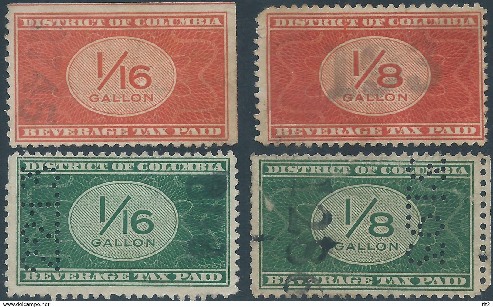 United States,U.S.A,Revenue Stamps DISTRICT OF COLUMBIA BEVERAGE TAX PAID 1/8 & 1/16 GALLON,Perf & Imperf & Perfin -Used - Perforados