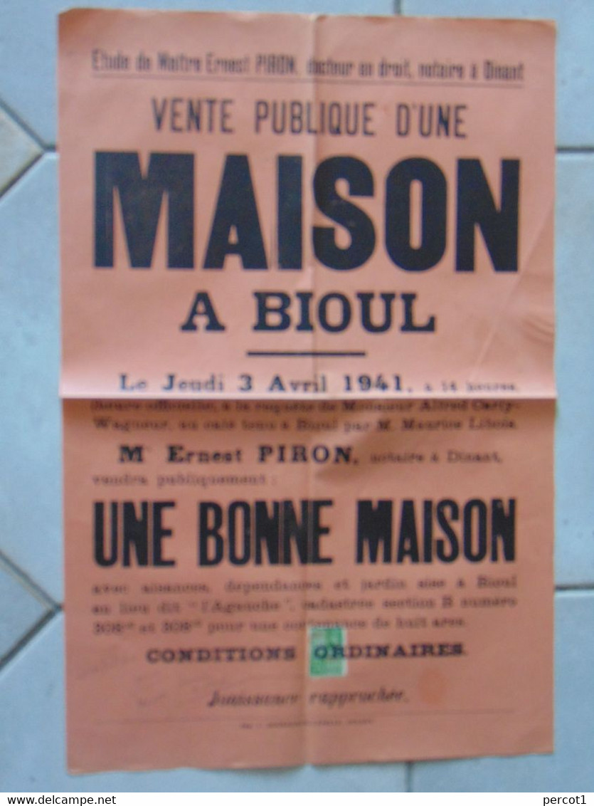 JM14.02 / VIEUX PAPIERS /  AFFICHE NOTARIALE / 56 X 36 Cm / VENTE D UNE MAISON  - BIOUL - 1941 - Manifesti