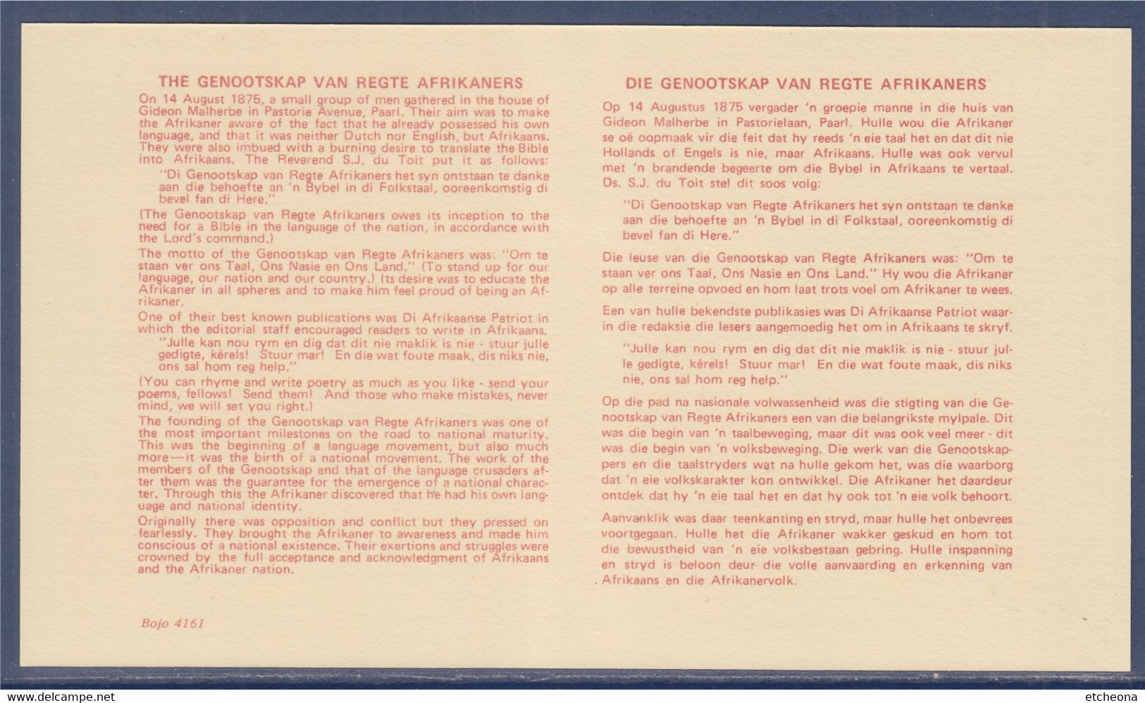 La Société Des Vrais Africains Enveloppe Afrique Du Sud Paarl 14.08.75 Avec Bristol Explicatif, 1 Timbre - Covers & Documents