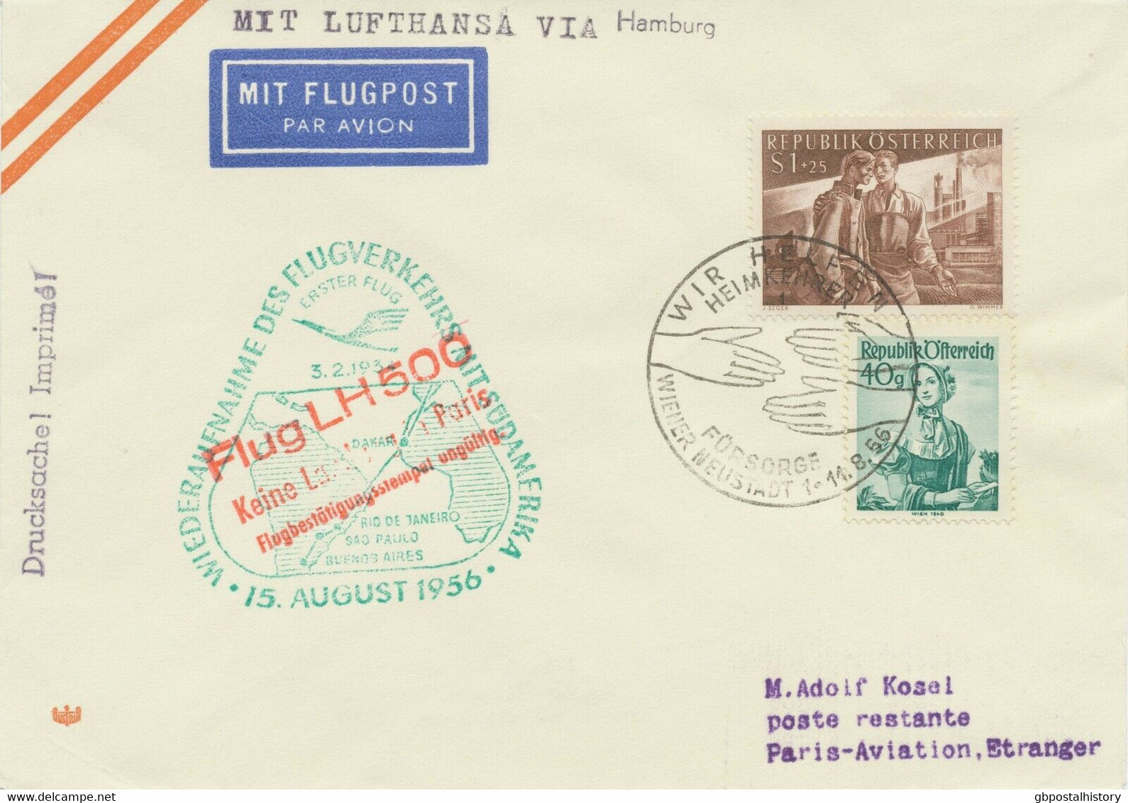 ÖSTERREICH 1956 Selt. Österr. Mitläuferpost Mit Dt. Lufthansa "HAMBURG - PARIS" - Altri & Non Classificati