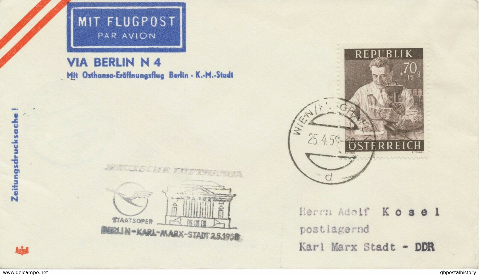 ÖSTERREICH 1958 Österr. Mitläuferpost Osthansa Erstflug BERLIN - KARL-MARX-STADT - Other & Unclassified