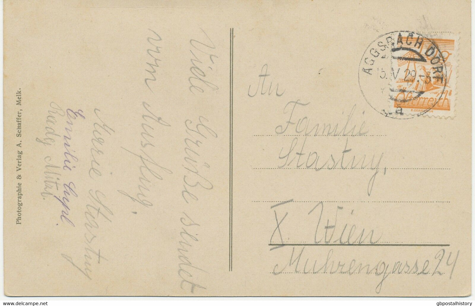 ÖSTERREICH ORTSSTEMPEL "AGGSBACH DORF" (N.Ö.) Sehr Selt. K1 A Farb. Kab.-AK 1929 - Briefe U. Dokumente