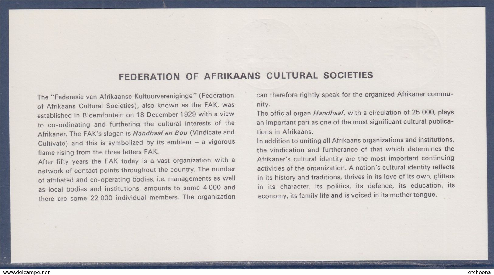 50 Ans Au Service Des Hommes Et De La Patrie Entretenir & Construire Afrique Du Sud 18.12.79 Bristol Explicatif 1 Timbre - Brieven En Documenten