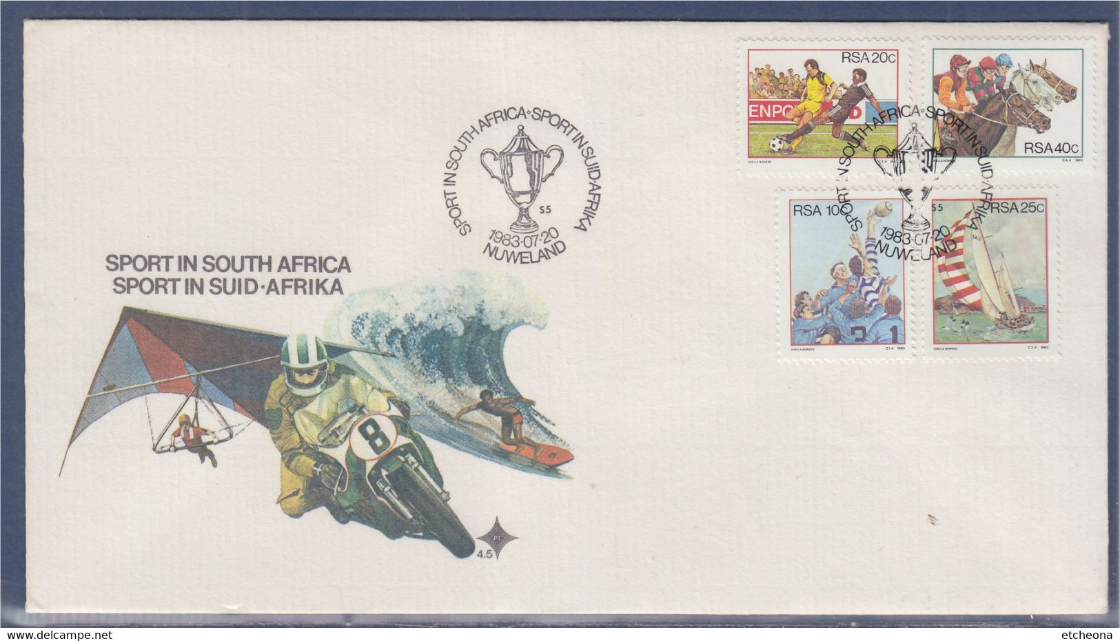 Sports En Afrique Du Sud Nuweland 20.07.83 Bristol Explicatif 4 Timbres Equitation Voile Rugby Football; Moto Surf - Storia Postale