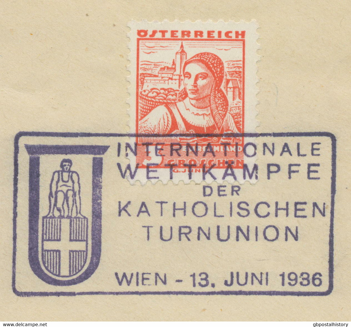 ÖSTERREICH SONDERSTEMPEL 1936 INTERNATIONALE WETTKÄMPFE KATHOLISCHEN TURNUNION - Maschinenstempel (EMA)