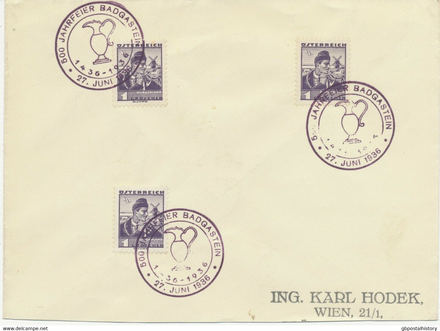 ÖSTERREICH SONDERSTEMPEL 1936 500 JAHRFEIER BADGASTEIN 27. JUNI 1936 In VIOLETT - Máquinas Franqueo (EMA)