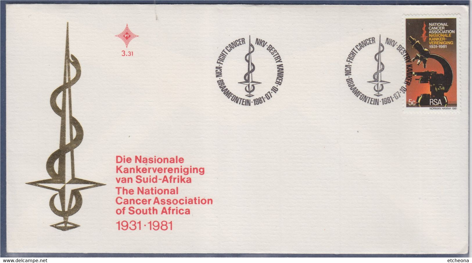 Association Nationale Du Cancer Afrique Du Sud Braamfontein 10.07.81 Bristol Explicatif 1 Timbre Microscope De Recherche - Cartas & Documentos