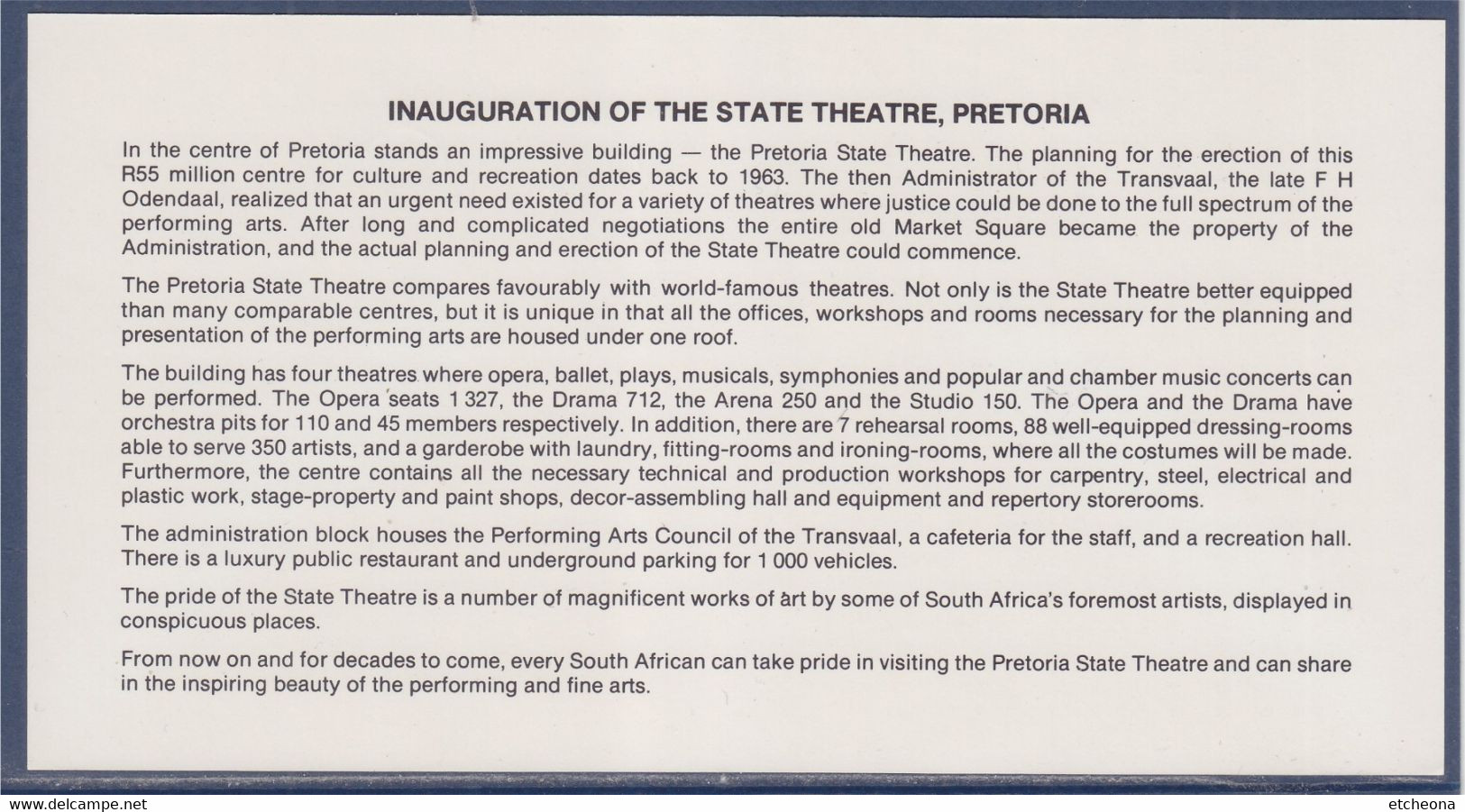 Théâtre D'État De Prétoria Afrique Du Sud Prétoria 23.05.81 Bristol Explicatif 2 Timbres Acteurs En Scènes - Covers & Documents