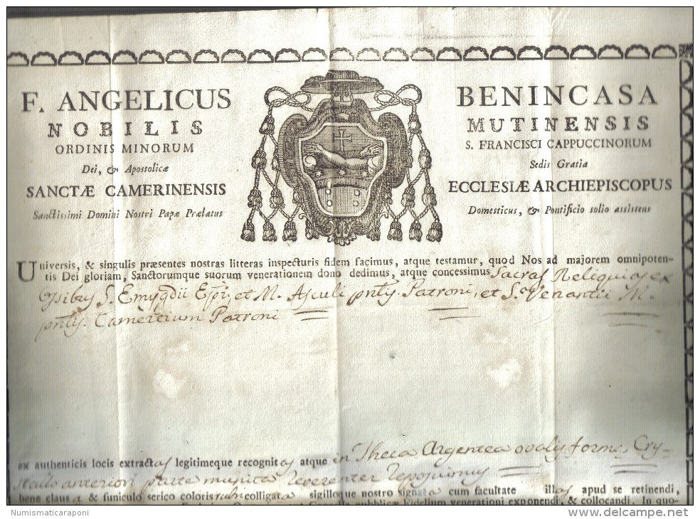 ANGELICUS BENINCASA  NOBILIS MUTINENSIS CAMERNENSISI ECCLESIAE ARCHIEPISCOPUS 1808 COD Doc.121 - Décrets & Lois