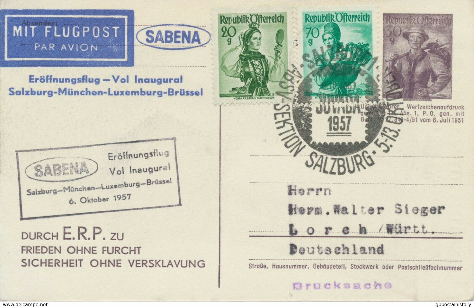 ÖSTERREICH 1957 Privat-GA Trachten Durch E.R.P. Zu Frieden Ohne Furcht ERSTFLUG SABENA SALZBURG - MÜNCHEN - Other & Unclassified