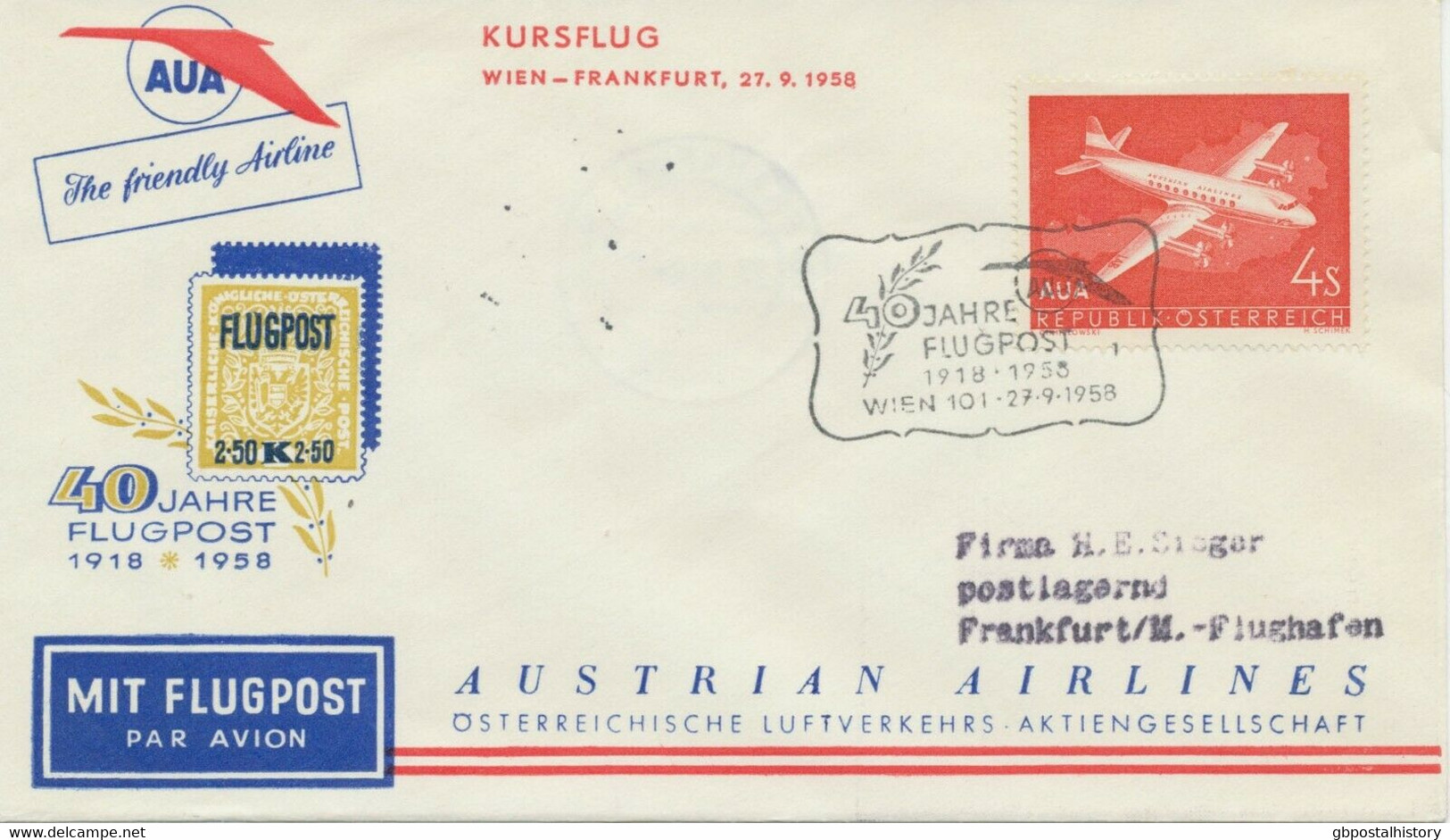 ÖSTERREICH 1958 Kab.-Jubiläums-Sonderflug 40 Jahre AUA Flugpost WIEN - FRANKFURT - First Flight Covers