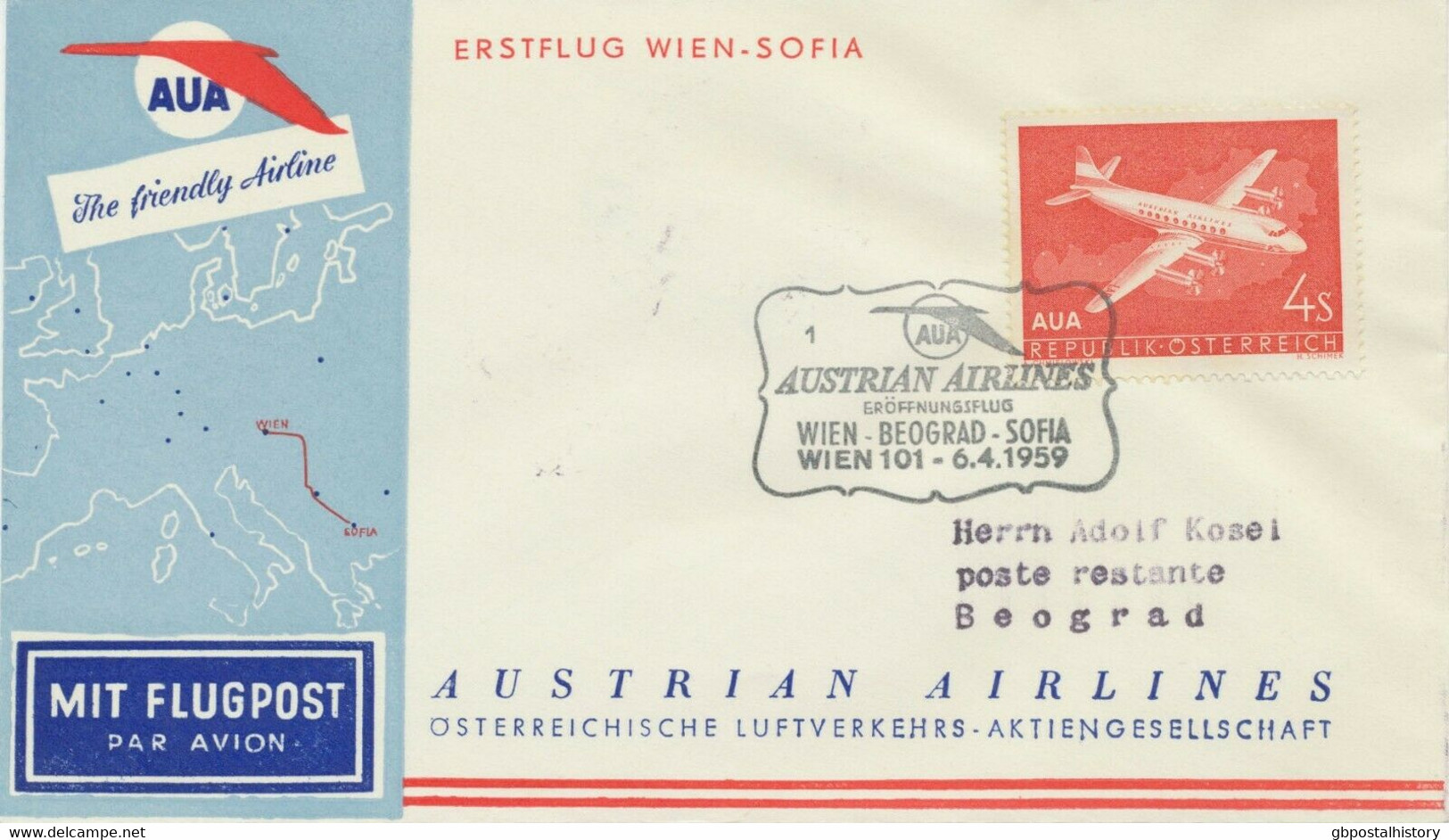 ÖSTERREICH 1959 Erstflug Der Austrian Airlines AUA WIEN - BELGRAD, Jugoslawien - First Flight Covers