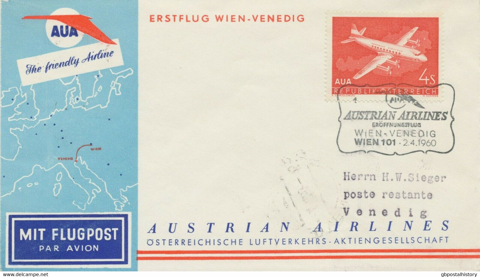 ÖSTERREICH 1960, Kab.-Erstflug Der Austrian Airlines AUA "WIEN - VENEDIG" - Erst- U. Sonderflugbriefe