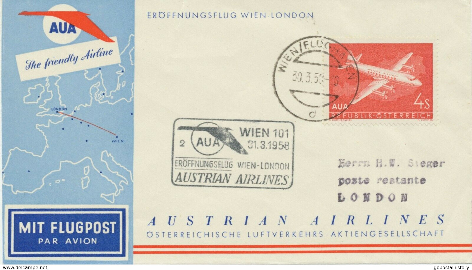 ÖSTERREICH 1958, AUA Kab.-Erstflug „WIEN – LONDON“ - Premiers Vols