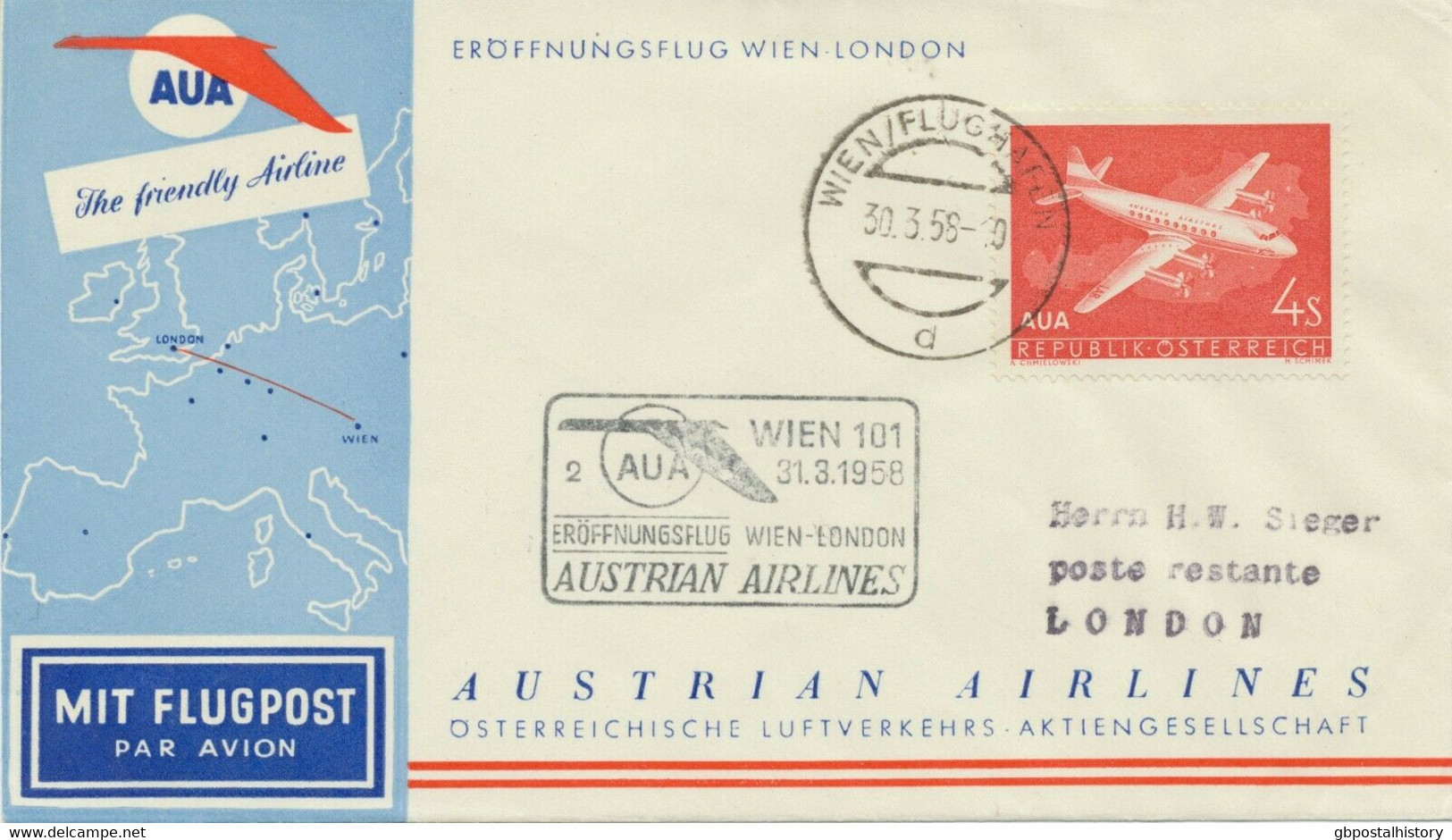 AUSTRIA 1958, AUA Airline Superb First Flight „WIEN – LONDON“ (Flight No. 1) - Primeros Vuelos