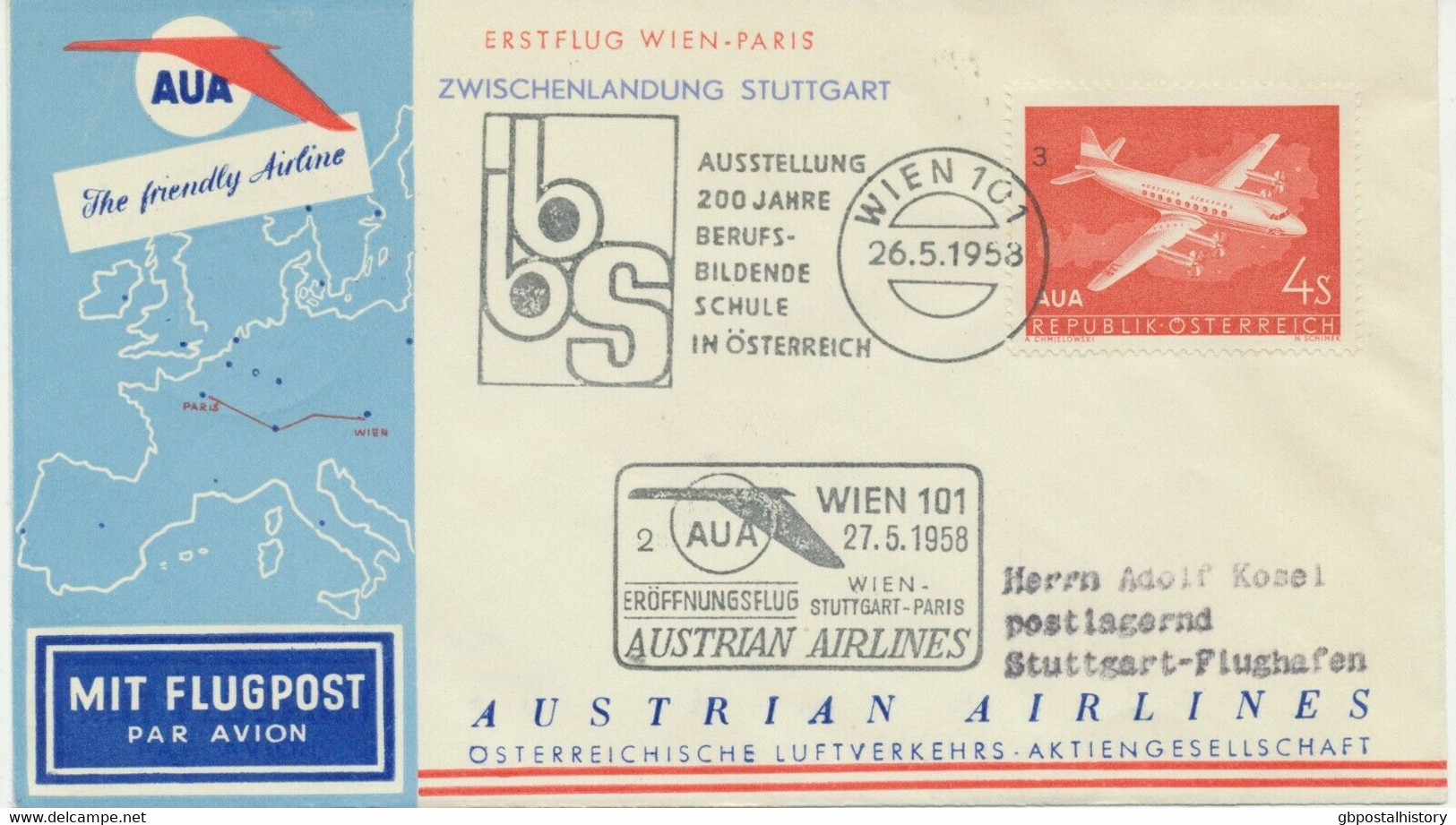 AUSTRIA 1958 AUA First Flight VIENNA-STUTTGART Intermediate Stage Of VIENNA-PARIS Route - Primeros Vuelos
