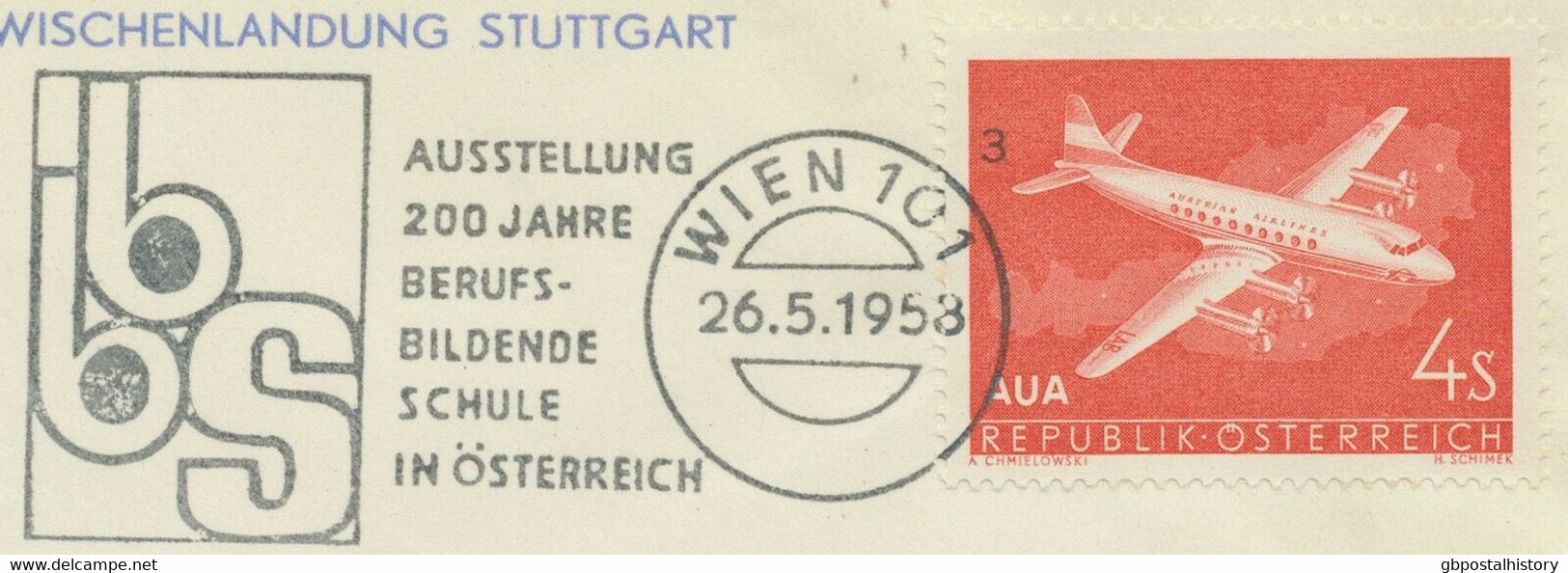 AUSTRIA 1958 AUA First Flight VIENNA-STUTTGART Intermediate Stage Of VIENNA-PARIS Route - Premiers Vols