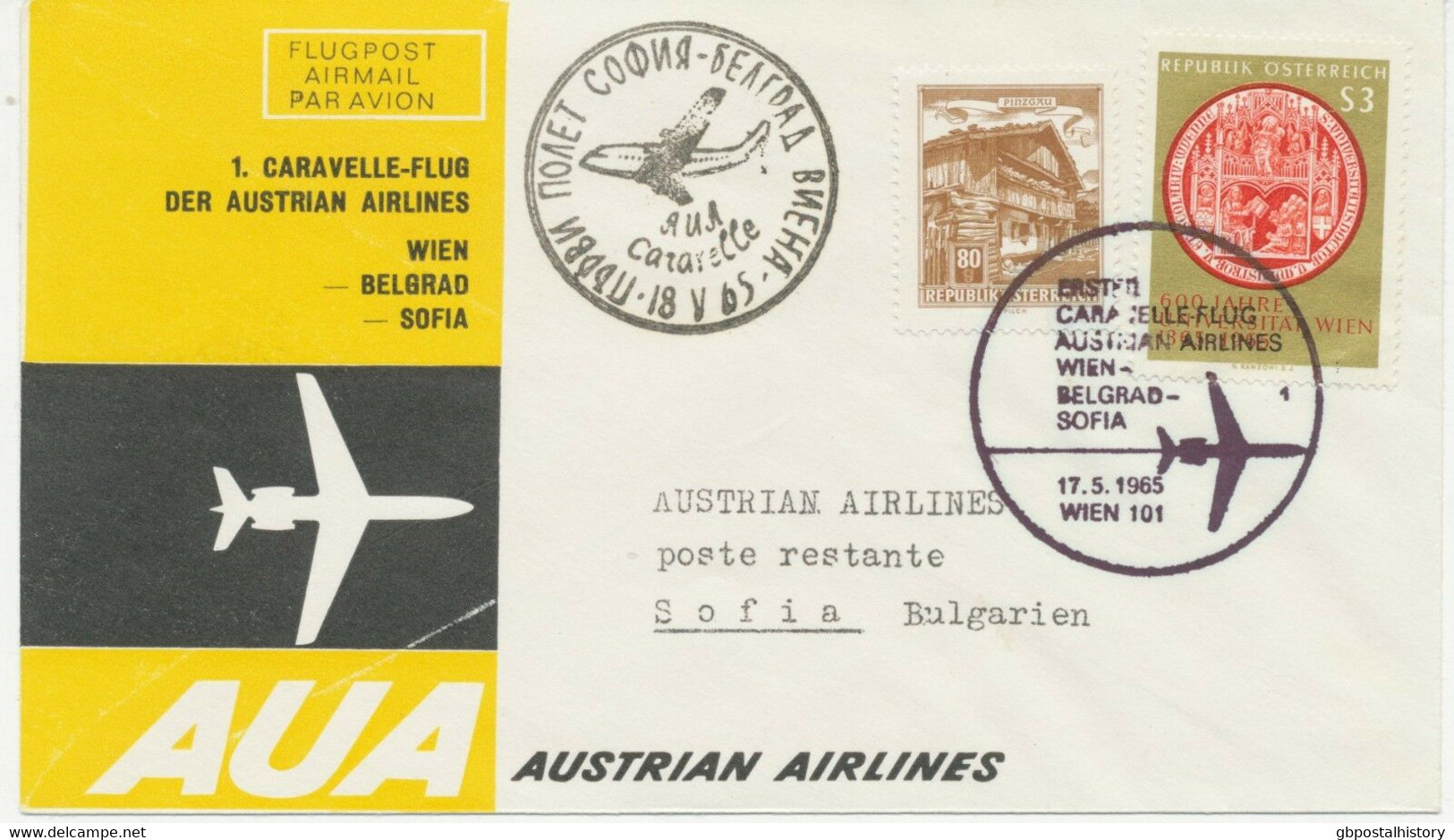 ÖSTERREICH AUA ERSTFLUG 1965 WIEN – SOFIA (Bulgarien) (Stempel-Nr. 1), CARAVELLE - Primeros Vuelos