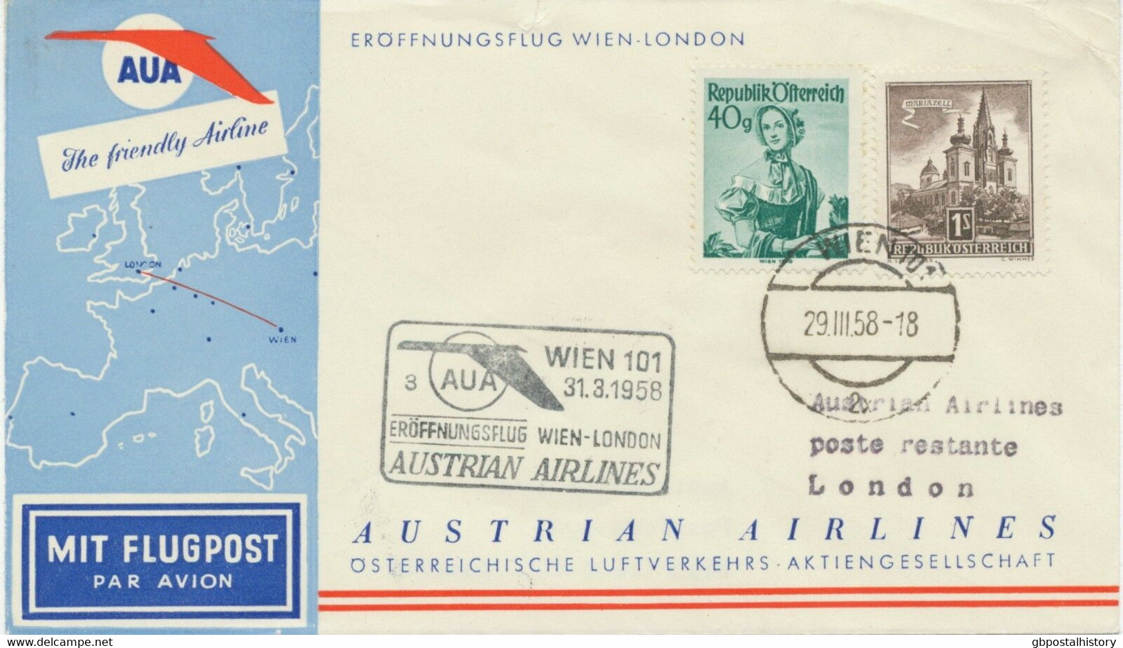 ÖSTERREICH AUA ERSTFLUG 1958 WIEN – LONDON (Stempel-Nr. 3), K2 WIEN 101 - Primi Voli