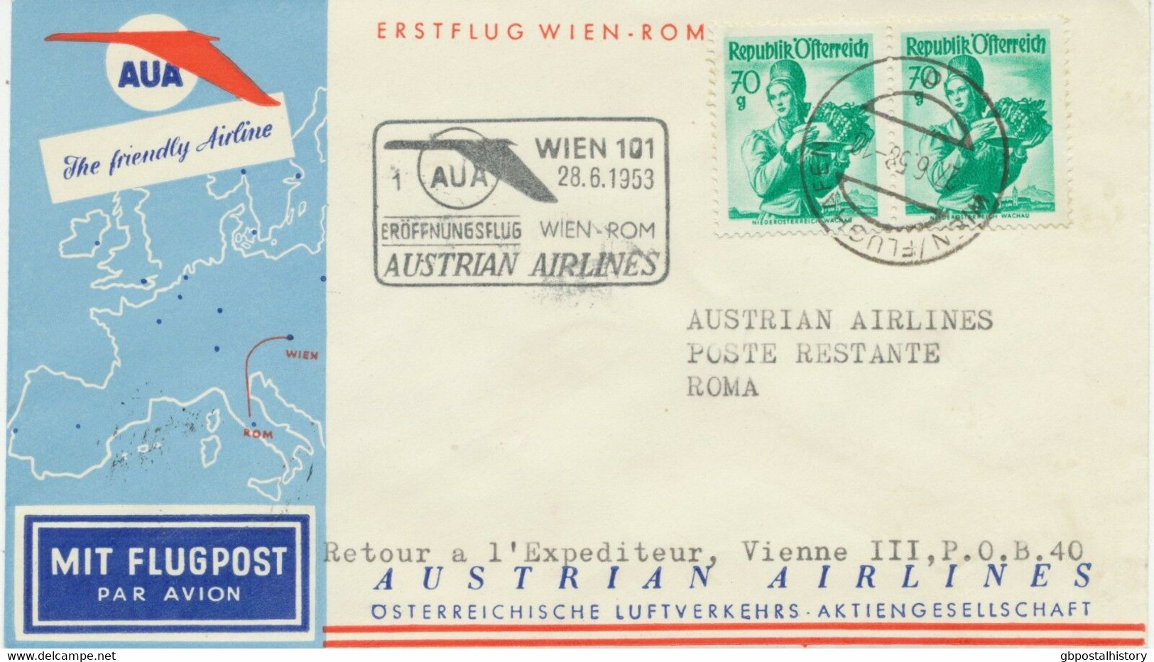 ÖSTERREICH AUA ERSTFLUG 1958 WIEN – ROM (Stempel-Nr. 1), K1 WIEN / FLUGHAFEN - Primi Voli