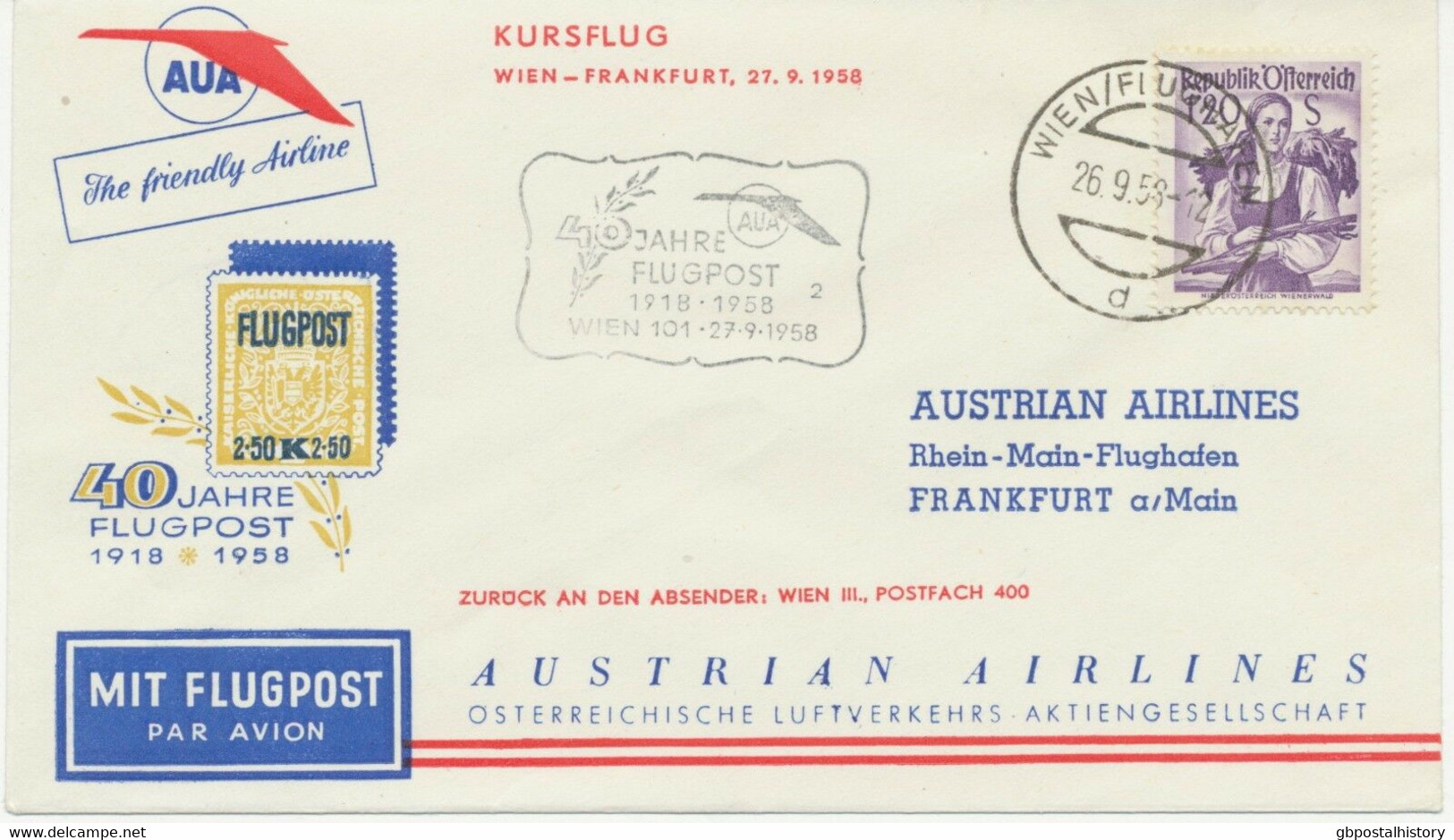 ÖSTERREICH AUA SONDERFLUG 40 Jahre Flugpost 1958 WIEN – FRANKFURT Stempel-Nr. 2 - Erst- U. Sonderflugbriefe