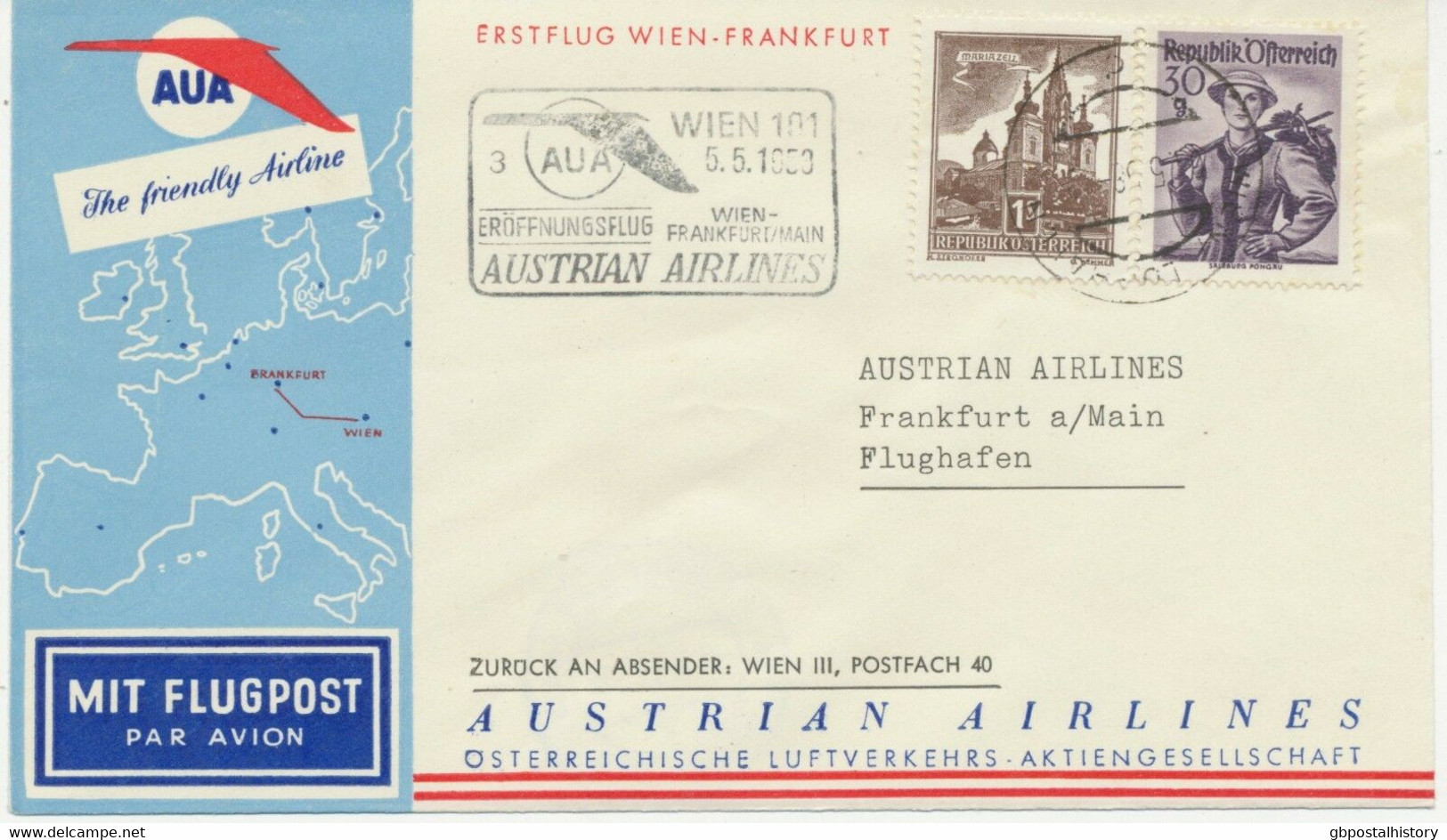 ÖSTERREICH AUA ERSTFLUG 1958 WIEN – FRANKFURT (Stempel-Nr. 3), K1 WIEN/FLUGHAFEN - Primi Voli