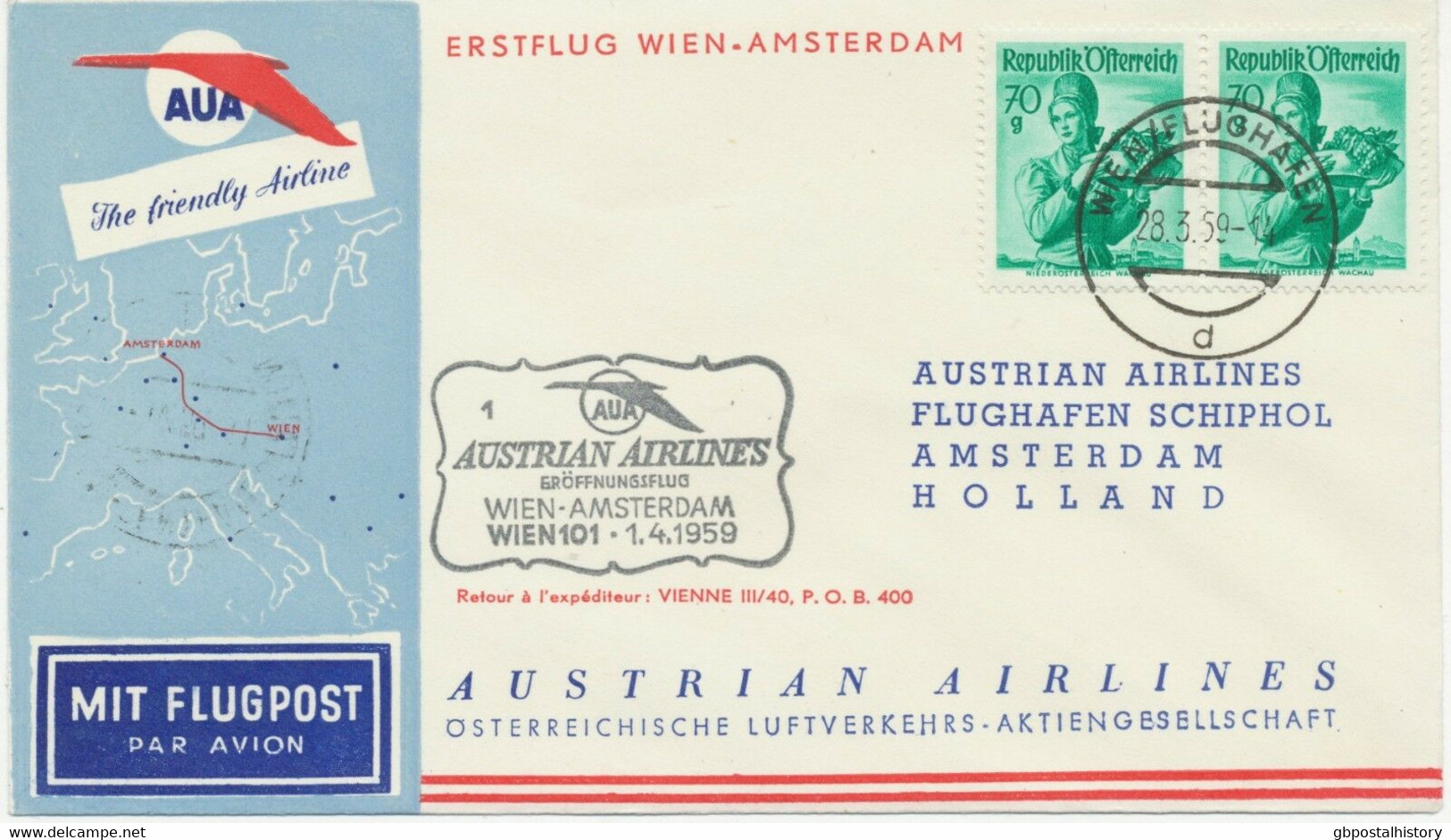ÖSTERREICH AUA ERSTFLUG 1959 WIEN – AMSTERDAM (Stempel-Nr. 1) K1 WIEN/FLUGHAFEN - Primi Voli