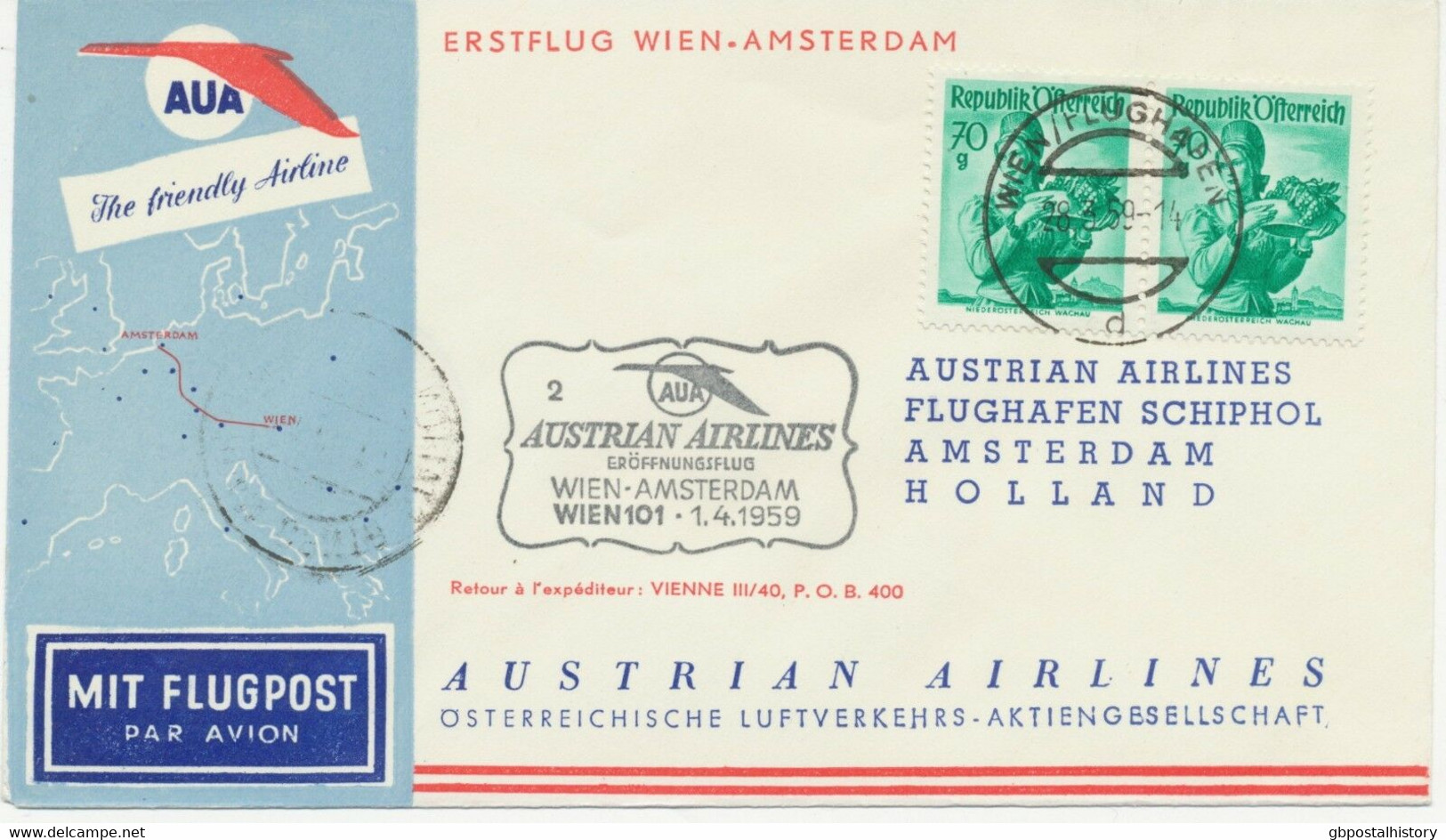 ÖSTERREICH AUA ERSTFLUG 1959 WIEN – AMSTERDAM (Stempel-Nr. 2) K1 WIEN/FLUGHAFEN - Primi Voli