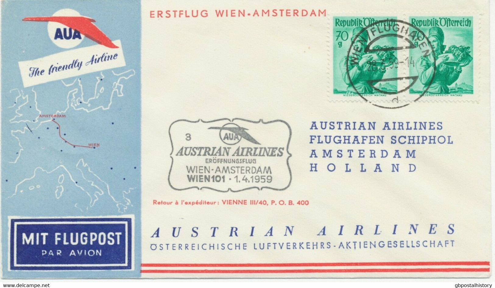 ÖSTERREICH AUA ERSTFLUG 1959 WIEN – AMSTERDAM (Stempel-Nr. 3) K1 WIEN/FLUGHAFEN - Primeros Vuelos