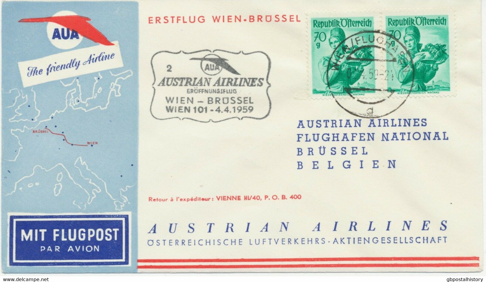 ÖSTERREICH AUA ERSTFLUG 1959 WIEN – BRÜSSEL (Stempel-Nr. 2), K1 WIEN / FLUGHAFEN - Eerste Vluchten