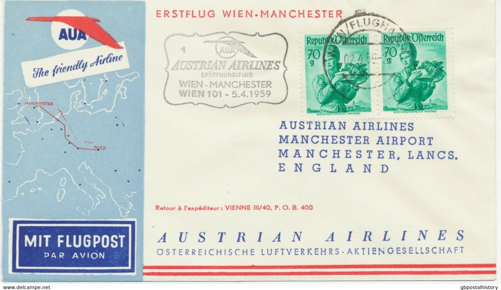 ÖSTERREICH AUA ERSTFLUG 1959 WIEN – MANCHESTER (Stempel-Nr. 1) K1 WIEN/FLUGHAFEN - First Flight Covers