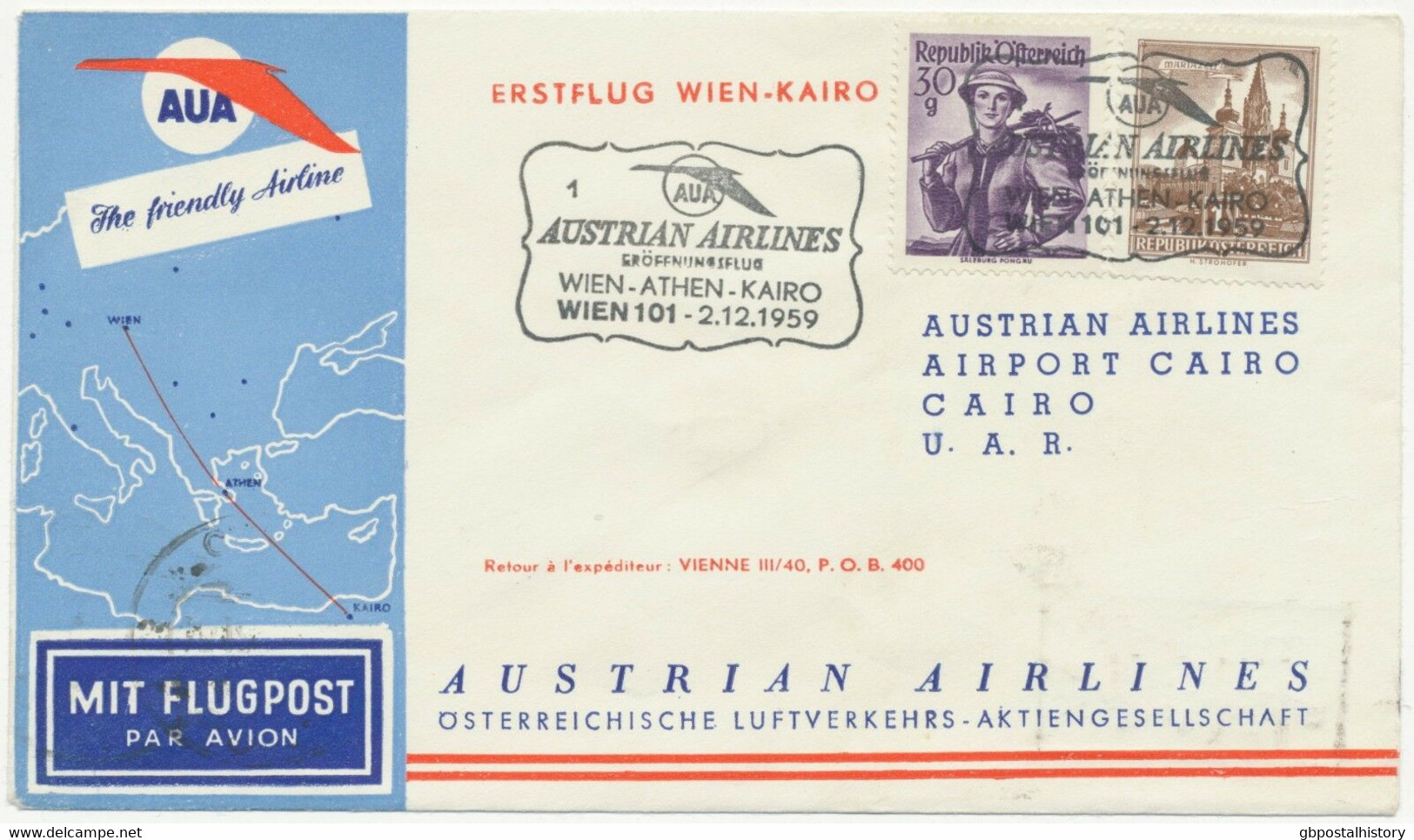 ÖSTERREICH AUA ERSTFLUG 1959 WIEN – KAIRO, Ägypten (Stempel-Nr. 1), AUA SST - Erst- U. Sonderflugbriefe